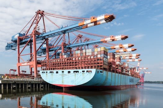 A large container ship docked at Hamburg port with cranes and containers.