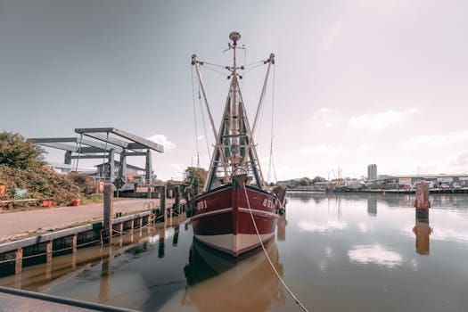 A red fishing boat docked at Husum harbor with reflections on the water and clear skies.