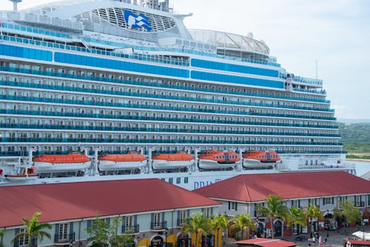 Large cruise ship Regal Princess docked at a vibrant harbor with visible lifeboats and luxurious amenities.