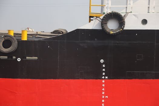 Detail of a ship's hull with hydrodynamic markings and tire fender.