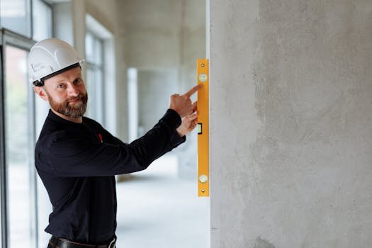 Confident engineer with hard hat using a spirit level on a wall at a construction site.