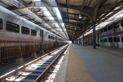 Empty railway station platform with parked trains in daylight.