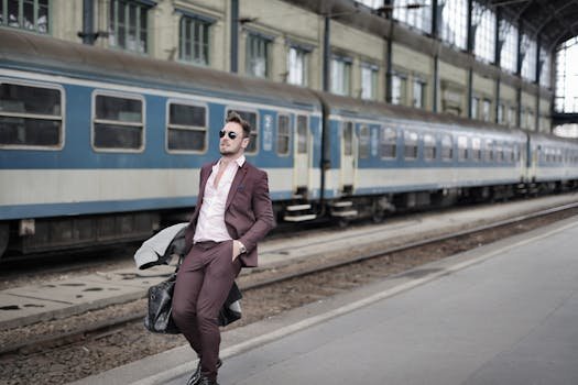 Confident businessman in suit at train station, poised for travel adventure.