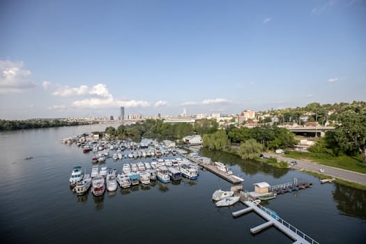 Boats moored in a Belgrade marina with cityscape and river view.