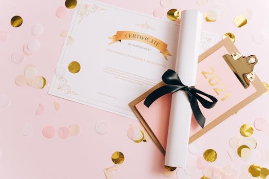 A rolled-up diploma with a certificate of achievement surrounded by confetti, perfect for graduation themes.