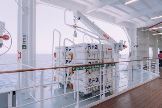 Cariere Maritime: Navigator Comercial vs. Inginer Naval - Ce ți se Potrivește Mai Bine? 4 Cruise ship deck with lifeboats and safety equipment overlooking the serene ocean.