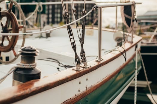 Detailed shot of a moored sailboat's deck and rigging in Thunder Bay harbor.