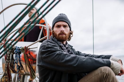 A bearded man in a beanie sits on a boat, capturing an adventurous lifestyle on a cloudy ocean day.