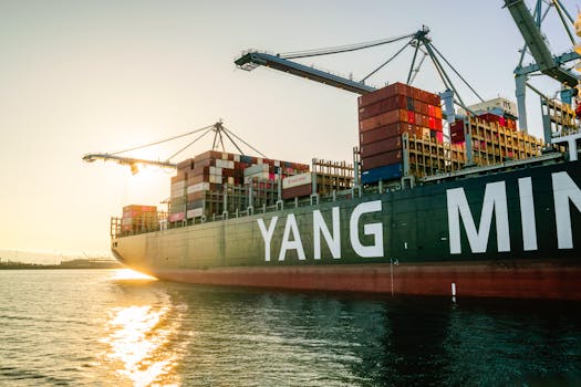 Large cargo ship with stacked containers and cranes at sunset in a harbor.