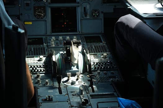 Detailed view of an airplane cockpit showcasing control panel and levers.
