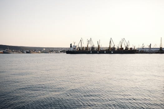 Analiza Costurilor și Beneficiilor Cursului STCW Basic Safety Training Online 3 Cargo ships docked at Varna port during a serene evening.