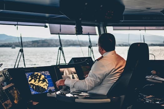 Comparație Detaliată Între Cursurile STCW Online și Offline în România 2 Ship captain operates navigation systems overlooking Istanbul waters. Maritime expertise at its finest.