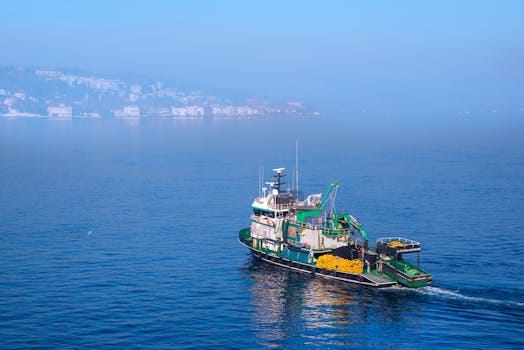 Cum Transformă Tehnologiile Moderne Cursurile STCW în România pentru o Carieră de Succes pe Mare 3 A fishing boat sailing in a tranquil blue sea near a misty coastal city.