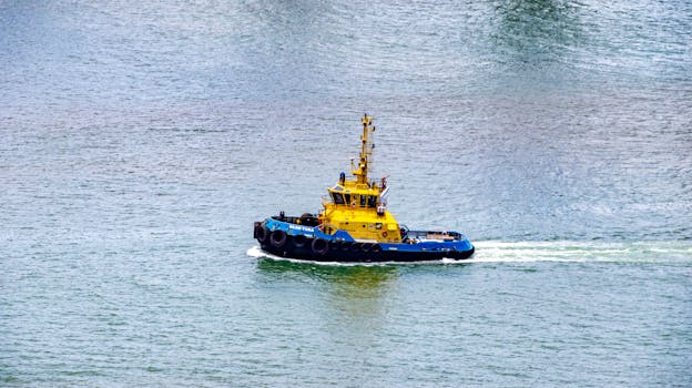 A vibrant yellow and blue tugboat cruises through calm waters. Aerial view.
