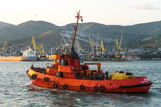 A vibrant red tugboat sails through the busy port of Novorossiysk, Russia, against scenic mountainous backdrop.
