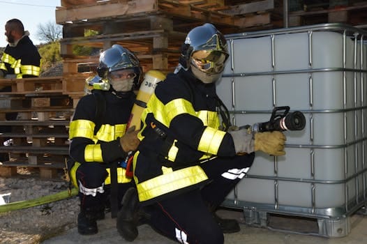 Firefighters practicing safety training with fire hoses and protective gear outdoors.