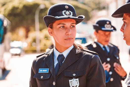 Cum să Alegi Între Certificare STCW și Diploma Electrican Maritim pentru o Carieră Sigură pe Mare 2 A young policewoman in uniform stands attentively outdoors during the day.