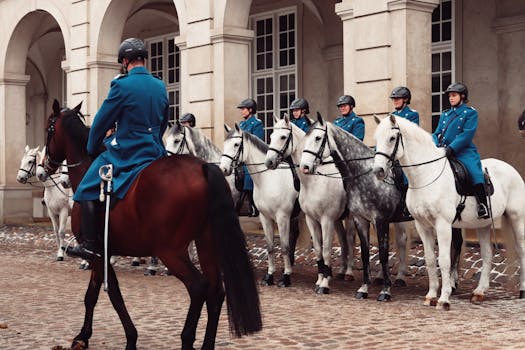 Cum să Alegi Între Certificare STCW și Diploma Electrican Maritim pentru o Carieră Sigură pe Mare 4 Royal guards on horseback at a historic building in Copenhagen, Denmark.