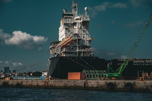 Large cargo ship with cranes docked at İstanbul harbor under a dramatic sky.