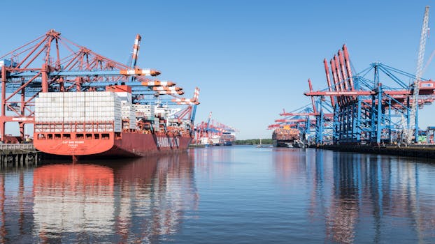 Cum să Alegi un Curs STCW care să Îți Maximizeze Oportunitățile de Carieră pe Mare în România 2 Container ships and cranes at Hamburg's bustling harbor on a clear day, showcasing industry and trade.