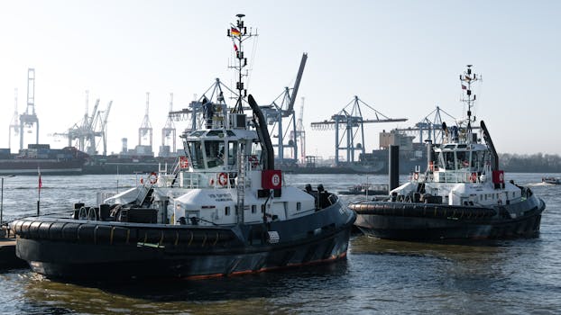 Cum să Alegi un Curs STCW care să Îți Maximizeze Oportunitățile de Carieră pe Mare în România 3 Two tugboats operate in the bustling Hamburg port with cranes in the background.