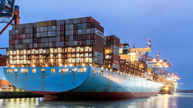 Cum să Economisești la Revalidare Certificate Maritim STCW: Costuri și Beneficii 4 A huge cargo ship moored in Hamburg's harbor during the evening, showcasing global logistics.