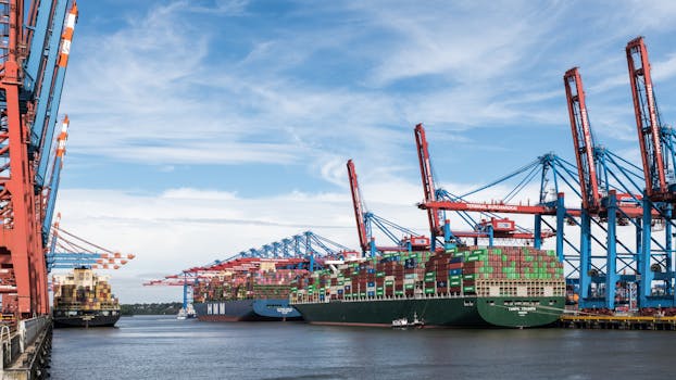 Recenzii ale Centrelor de Formare STCW din România pentru o Carieră Maritimă de Succes 3 Large container ships docked at Hamburg's bustling industrial port under a clear sky.
