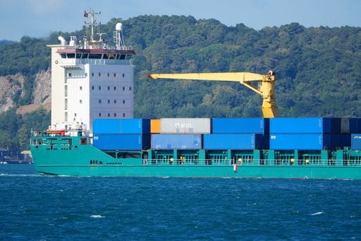Cum să Compari Contractele de Muncă ale Navigatorilor: Ofițer Punte vs Ofițer Mașină 3 Large container ship sailing through the Istanbul Bosphorus on a sunny day with green hills in the background.
