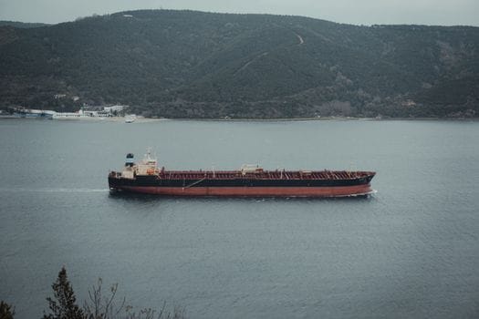 Cum să Completezi Cursul STCW Avansat Pompieri Maritimi: Cerințe și Pași Esențiali 3 A cargo ship travels smoothly on a wide body of water against a backdrop of lush green mountains.