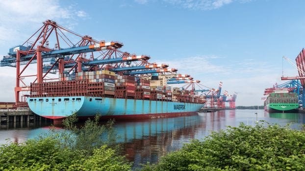 Cum să Maximizezi Oportunitățile de Angajare prin Curs Ofițer Mecanic Specializat 2 Large container ship docked in Hamburg port, surrounded by cranes and cargo containers.