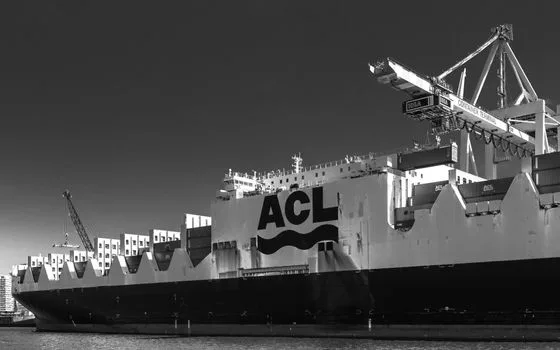 Black and white image of a massive container ship docked at Hamburg harbor with cargo cranes.