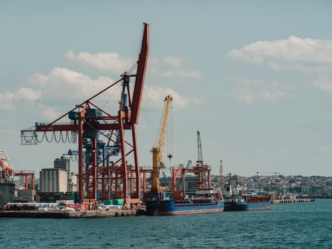 A bustling seaport with cargo ships and cranes under a clear blue sky.