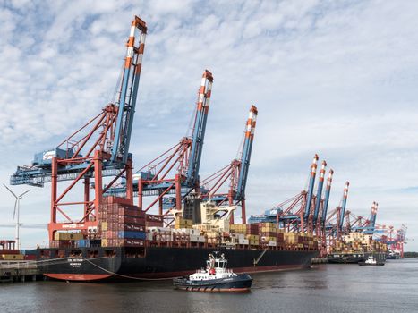 Academia Maritimă Admitere 2026 vs Certificat STCW Rapid: Ce Alegere Te Avantajează? 3 Container ship docked at Port of Hamburg, cargo cranes visible.