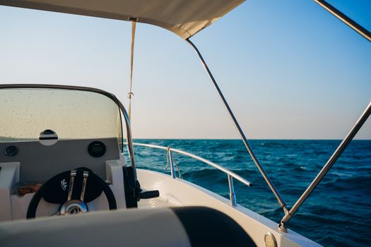 Experience luxury on a motorboat in the serene waters of Vieste, Puglia, Italy.